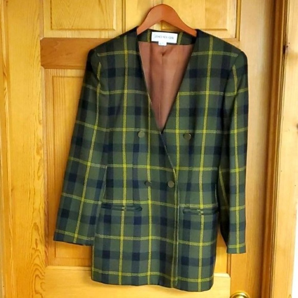 Jones New York 100% Wool Sz. 10‎ Army Green & Gold Buttoned Lined Blazer